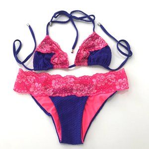 Beach Bunny Scrunch Butt Blue + Pink Lace Bikini